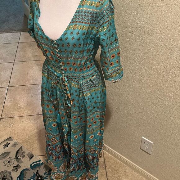 Guadalupe Size M Monaco Midi Dress Turquoise Bohemian Coastal Mediterranean NWT - Picture 7 of 14